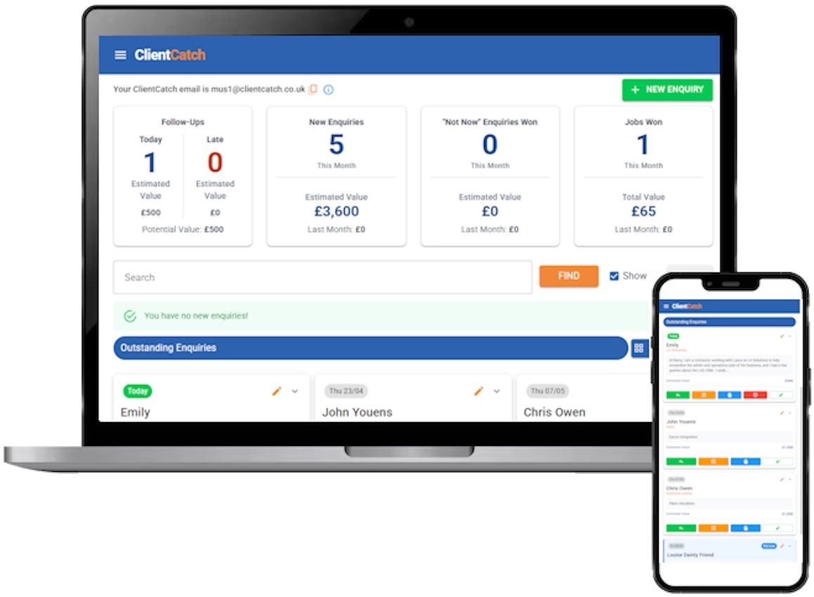 ClientCatch dashboard on desktop and mobile showing new enquiries, follow-ups, quotes sent and jobs won