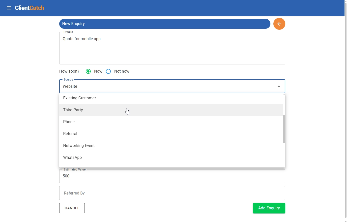 ClientCatch add new enquiry screen