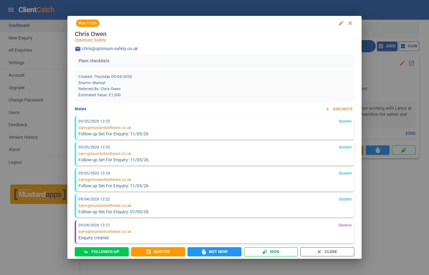 ClientCatch enquiry details screen