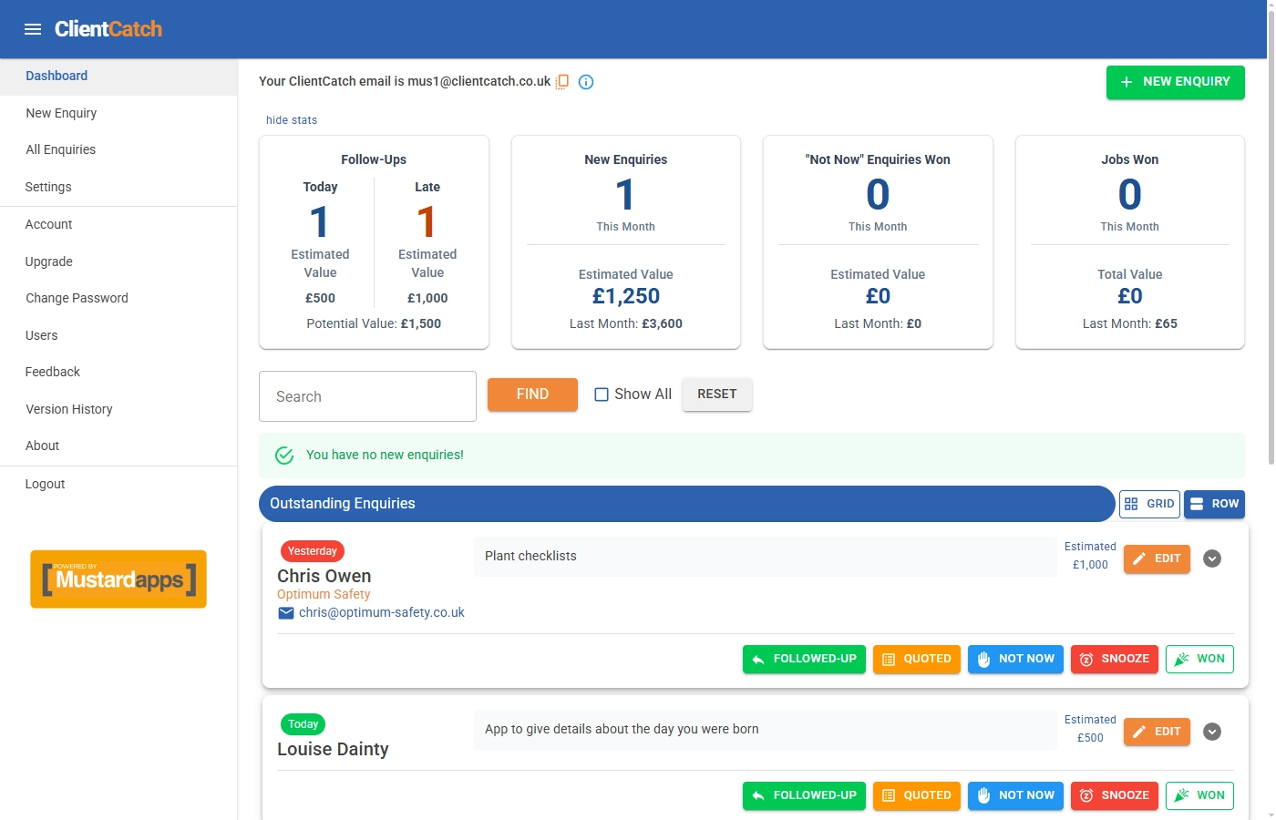 ClientCatch dashboard showing open enquiries and follow-ups
