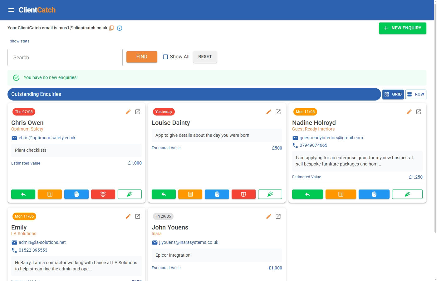ClientCatch open enquiries dashboard