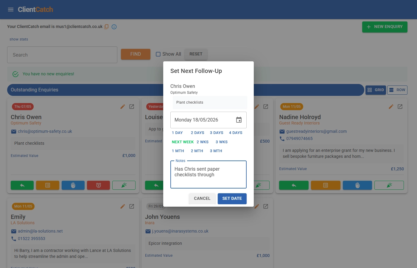 ClientCatch set follow-up screen